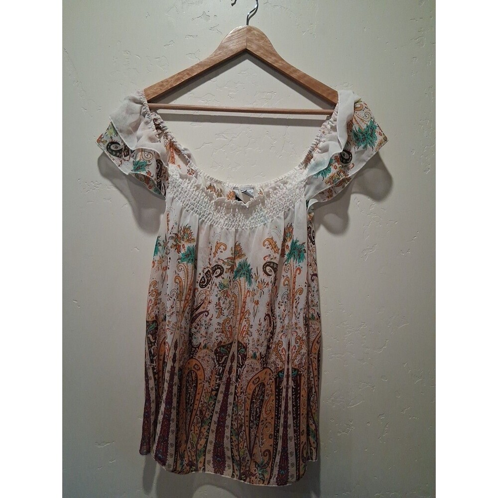 Hippie Festival Paisley Blouse Smocked Earthy Boho Peasant Sea Semi-Sheer Top L
